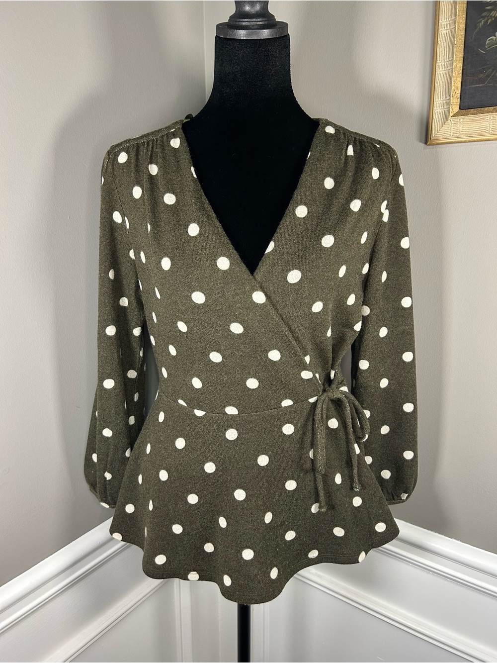 Monteau Los Angeles Olive Green Polka Dot Faux Wrap Peplum Top Cottagecore L